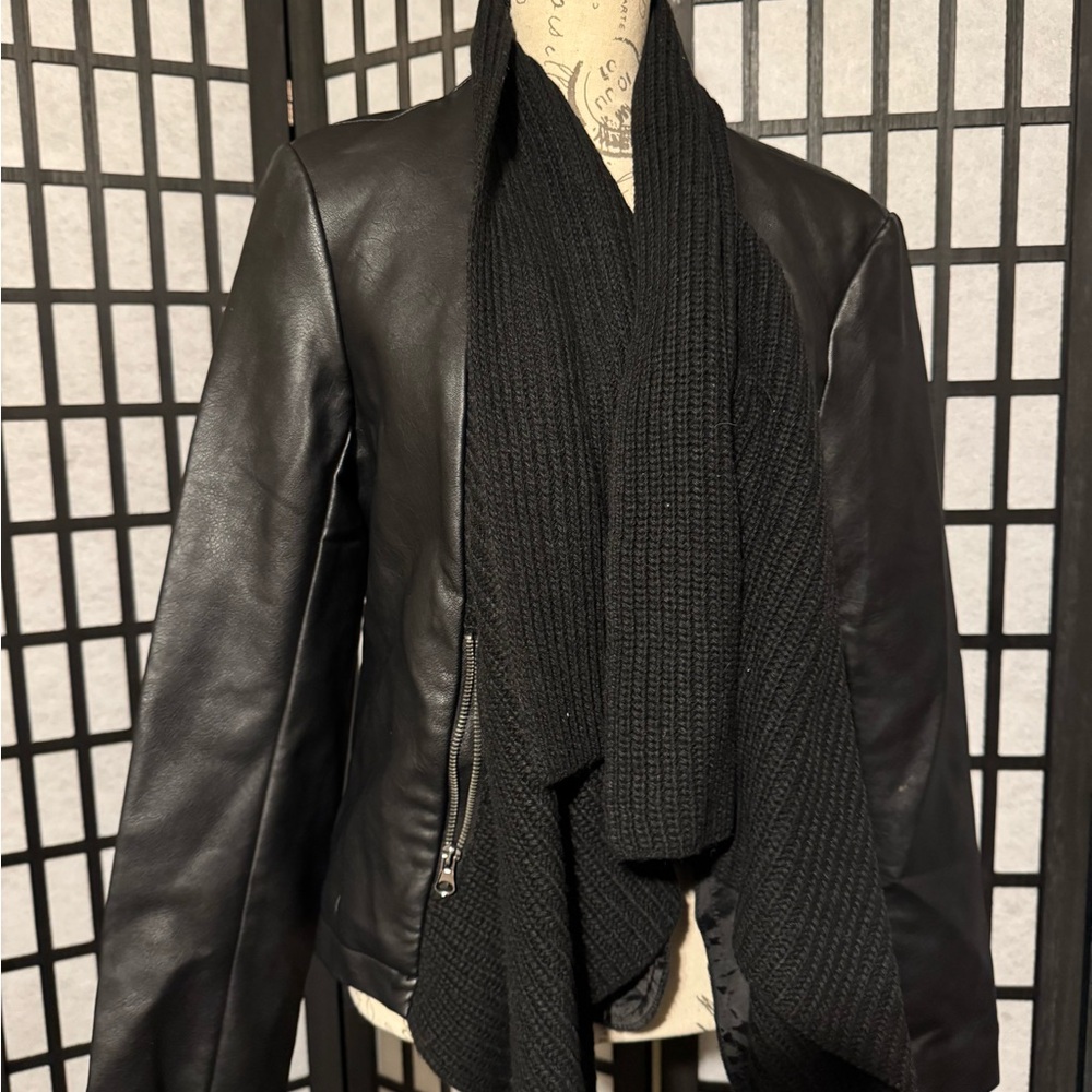 New York & Company Black Leather Jacket with Knit lapels